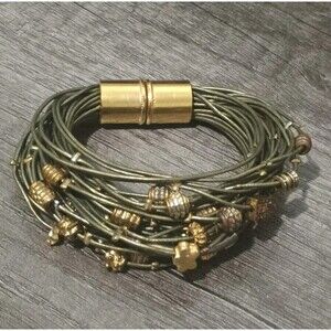 Calinana Green 36 Strand Gold Tone Charm Boutique Handmade In USA Bracelet